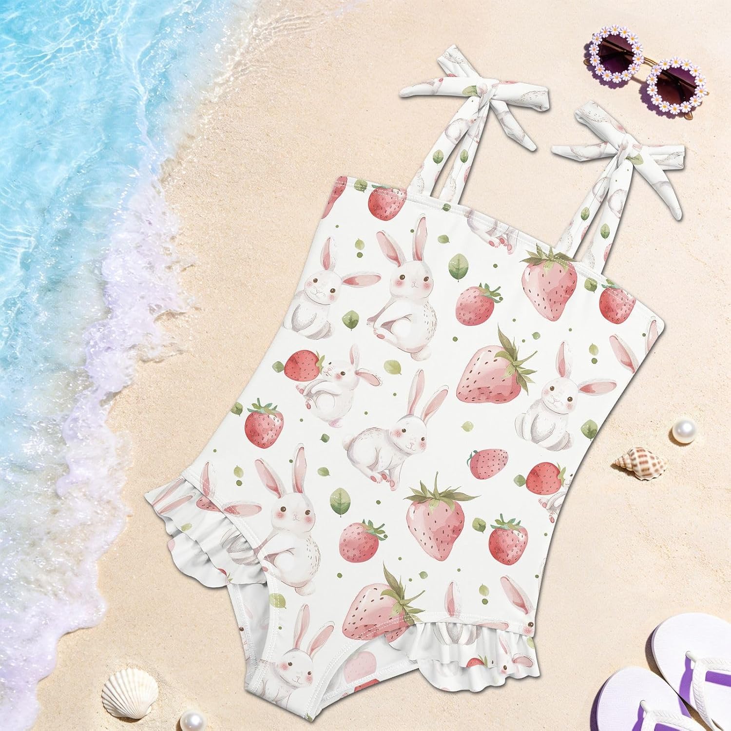 visesunny Toddler Girl Swimsuit Adjustable Strap Swimwear Watercolor Rabbit Carrot Bathing Suits for Girls 18M-6Y