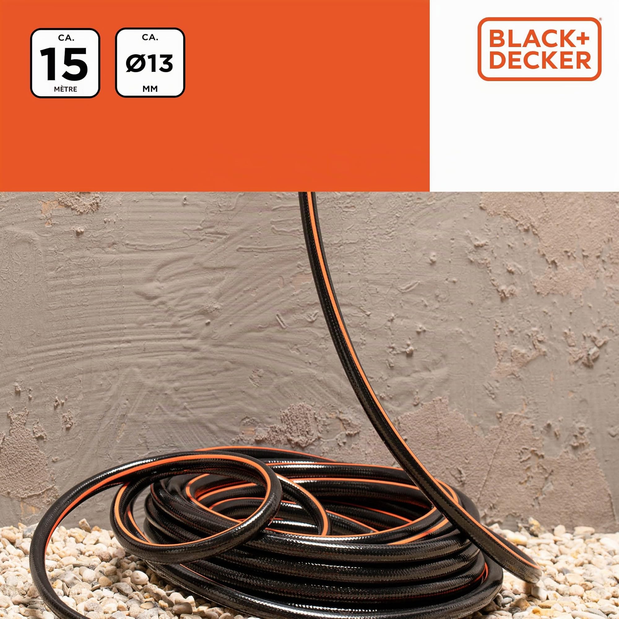 BLACK+DECKER Tuyau d'Arrosage 15M - Tuyau Jardinage ⌀13 mm - Outillage de Jardin - Max. 6Bar - PVC - Noir/Orange