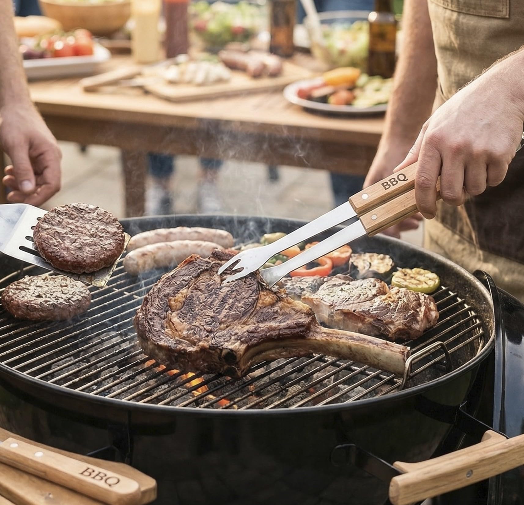 OCEANO Set Barbecue Professionale 11 Pezzi (10 Utensili + Custodia) Kit BBQ in Acciaio Inox con Manici Legno Accessori Griglia Giardino Campeggio Include Spatola Pinza Forchettone Coltello 6 Spiedini
