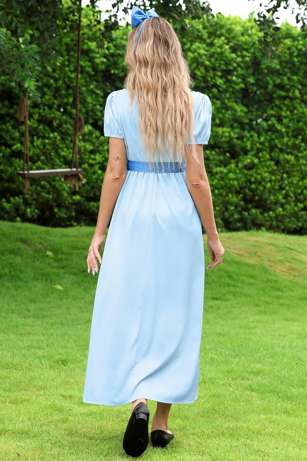 Halloween Women Adult Peater Pan Darling Costume Short Puff Sleeve Cosplay Princess Blue Maxi Dress with Bow Belt XXL - Image 5