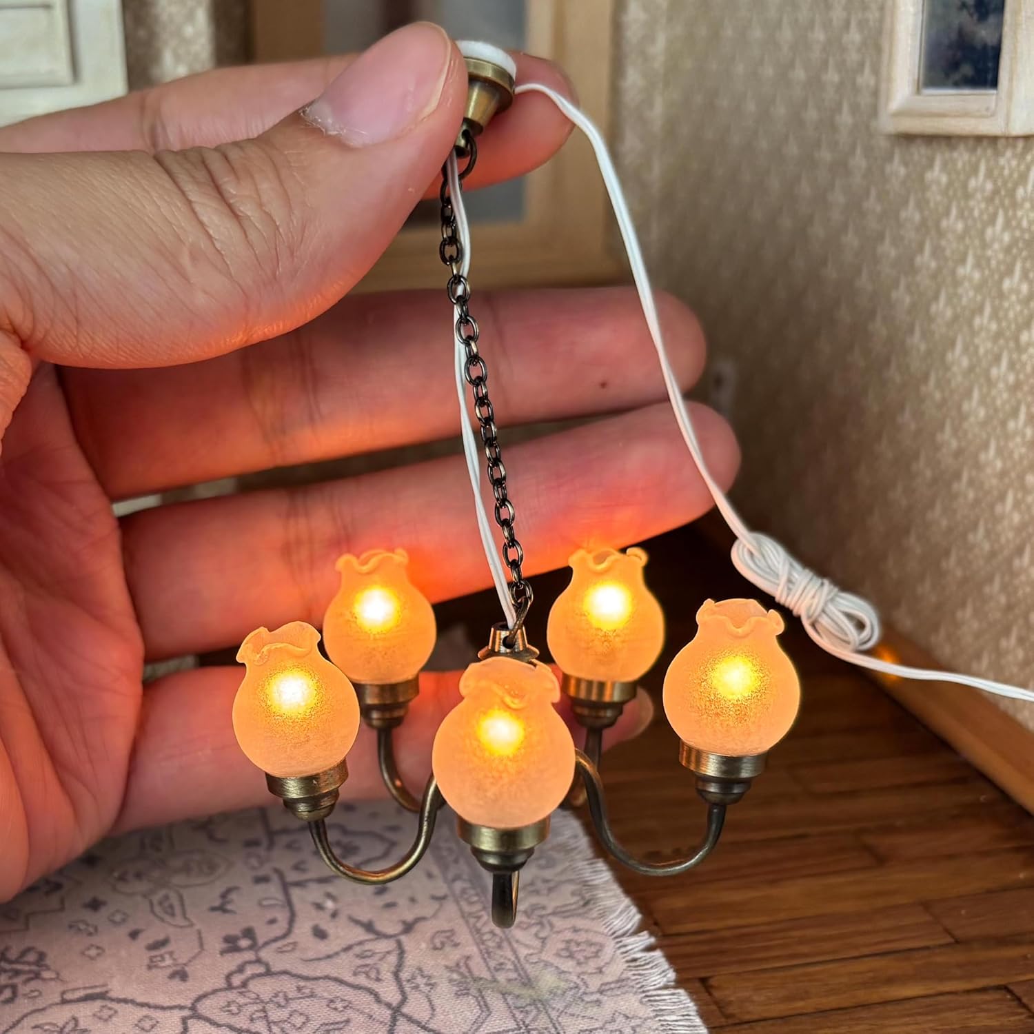 Waldosia 1:12 Scale Miniature LED Chandelier (12V) – 5-Arm Tulip Shade Dollhouse Ceiling Light Fixture (Brass)