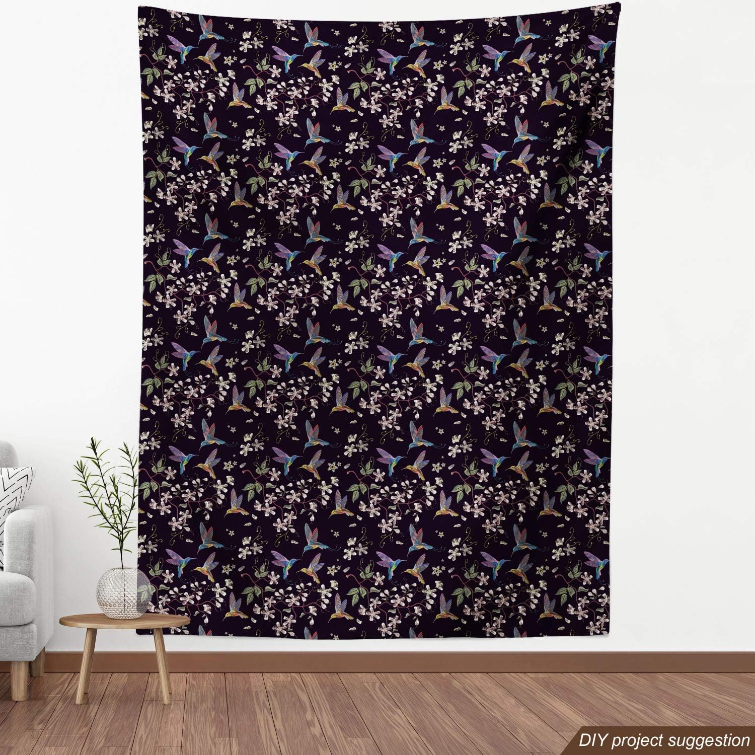 Ambesonne Cherry Blossom Fabric by The Yard, Flappy Broad-Tailed Hummingbirds Flying Around White Cherry Blossom Trees, Decorative Fabric for Upholstery and Home Accents, 3 Yards, Purple Lilac