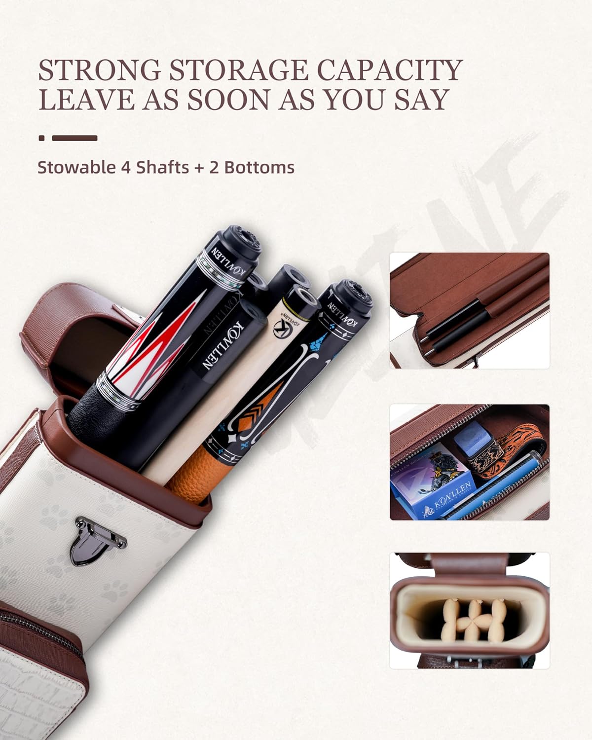 KONLLEN 2x4 Leather Pool Cue Case, Genuine Cowhide Billiards Cue Stick Case with Multi-Pockets & Adjustable Shoulder Strap, Heavy Duty Cue Carrier