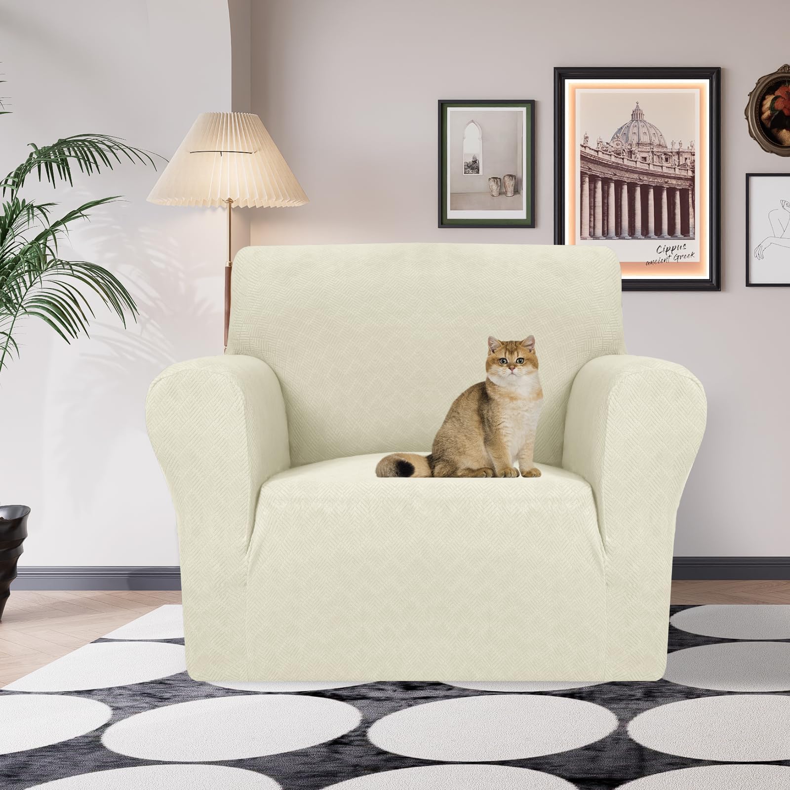 Ystyle Stretch Sofa Überzug 1 Sitzer, Sesselschoner rutschfest Mit Armlehne, Elastische Couch Überzug Jacquard, Universal Sofa Cover Moderne, Sofaschoner Hund Katze Wohnzimmer, Beige