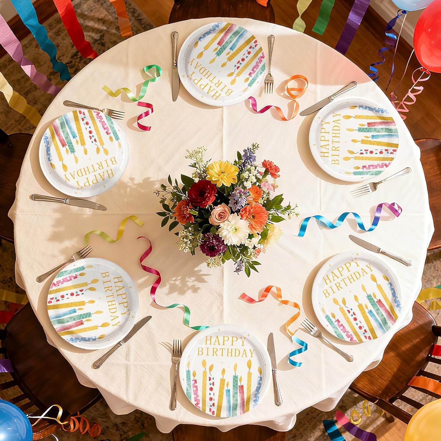 50 Pcs Candles Happy Birthday Party Decorations 10" Large Rainbow Color Bday Plates Disposable Heavy Duty Dessert Plates for Boys Girls Kids Birthday Colorful Candles Bday Party Supplies