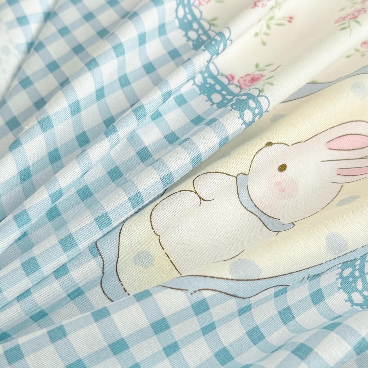 Cute White Ruffle Duvet Cover Set Queen Size Reversible Blue Floral Plaid Comforter Cover with 2 Pillowcases 100% Cotton Romantic Kawaii Bedding Set with Zipper Closure, Queen 90 * 90”