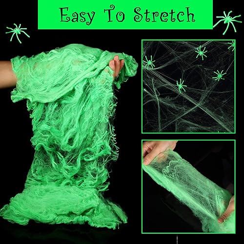 Miniatura 3 de Telaraña que brilla en la oscuridad de 8.47 oz y 150 piezas de telaraña falsa que brilla para Halloween, telarañas elásticas para decoración de