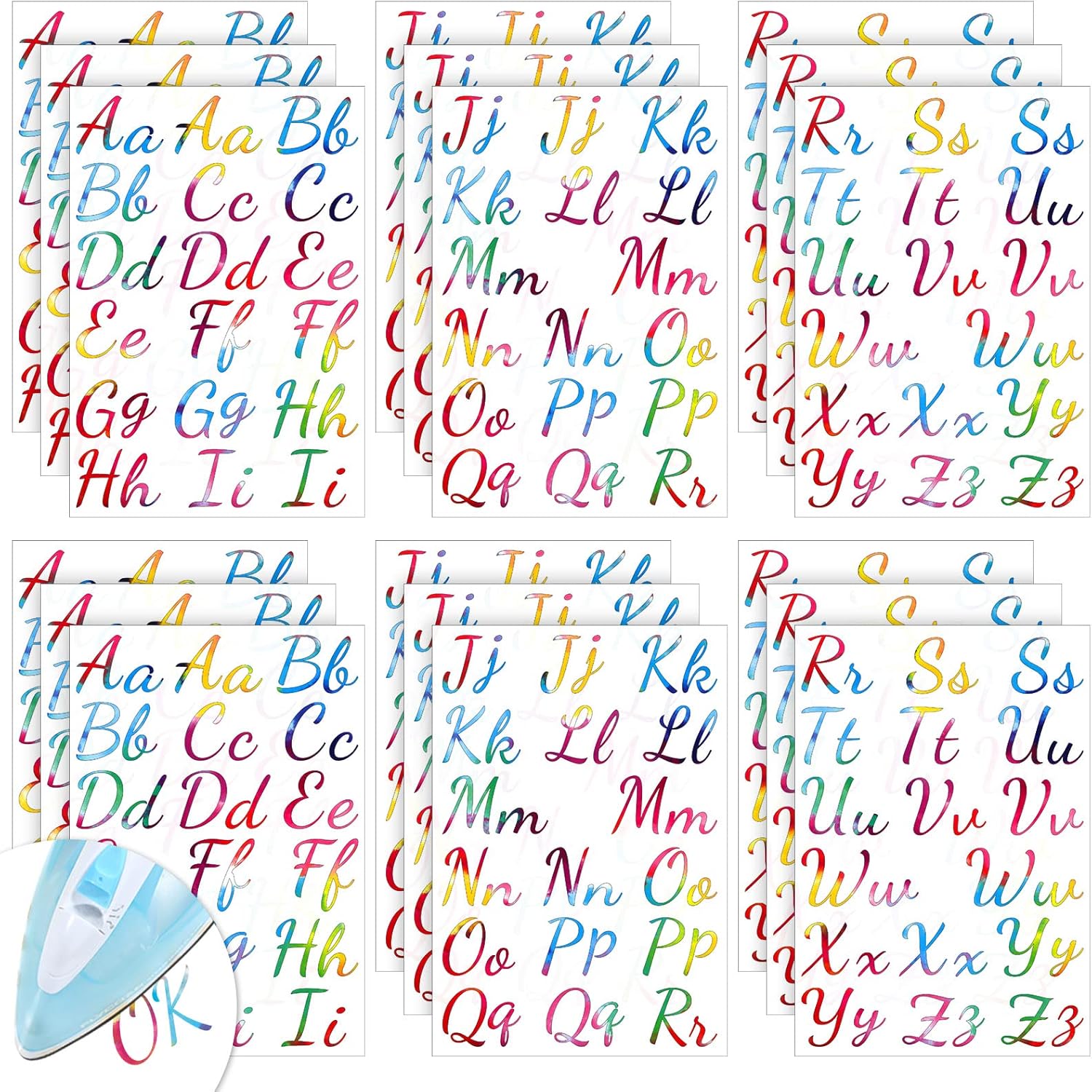 18 Sheet Iron on Letters Tie Dye Iron on Letters Flock Letters A-Z Letter Transfer Vinyl Letters Cursive Heat Transfer Letters for T Shirts Clothing Stockings Printing DIY Crafts Decorations