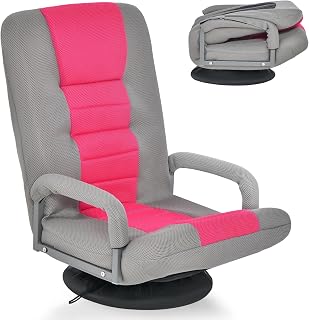 RELAX4LIFE Silla Plegable y Giratoria 360° con 7 Posiciones Regulables y Apoyabrazos, Silla de Suelo con Acolchado Grueso y Tejido Transpirable para Salón/Dormitorio/Oficina, Carga 150kg