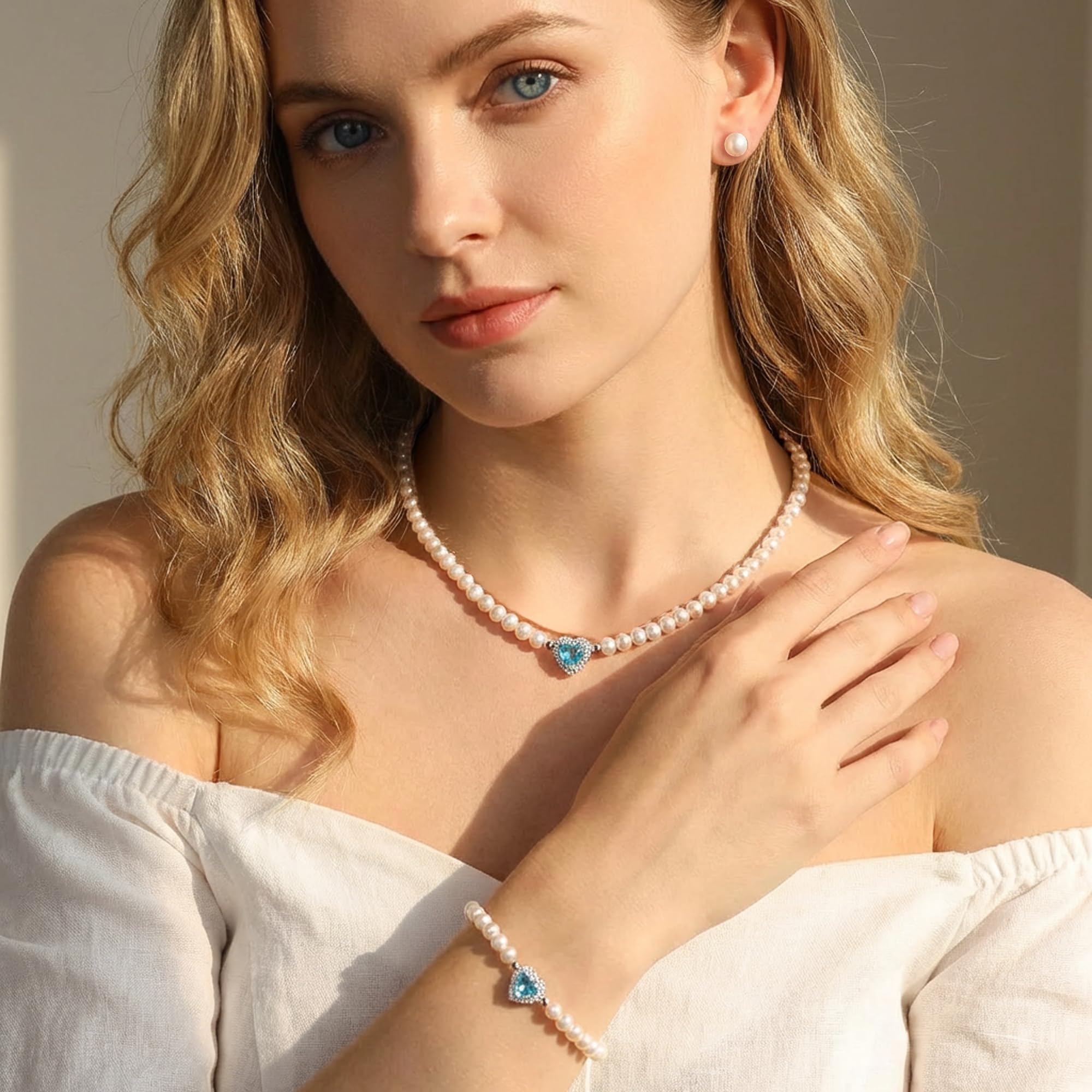 YAMI Perlenkette Set Damen Silber (Halskette+Armband +Ohrringe), 5-6mm Süßwasserperlenkette, Perlenohrringe Silber 925, Perlenarmband Damenschmuck für Jeden Anlass, Herzförmiger Zirkon + Türkis-Stil