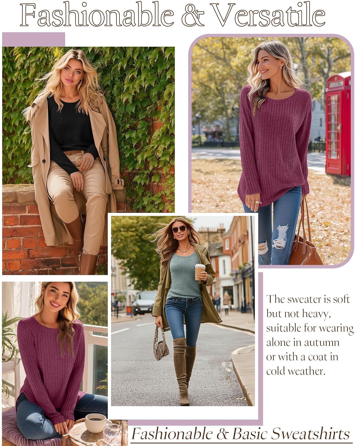 Ficerd 3 Pack Women's Curved Hem Long Sleeve Sweaters, Side Split Crew Neck Tunic Tops Loose Fit Shirts Basic Pullover - Image 4