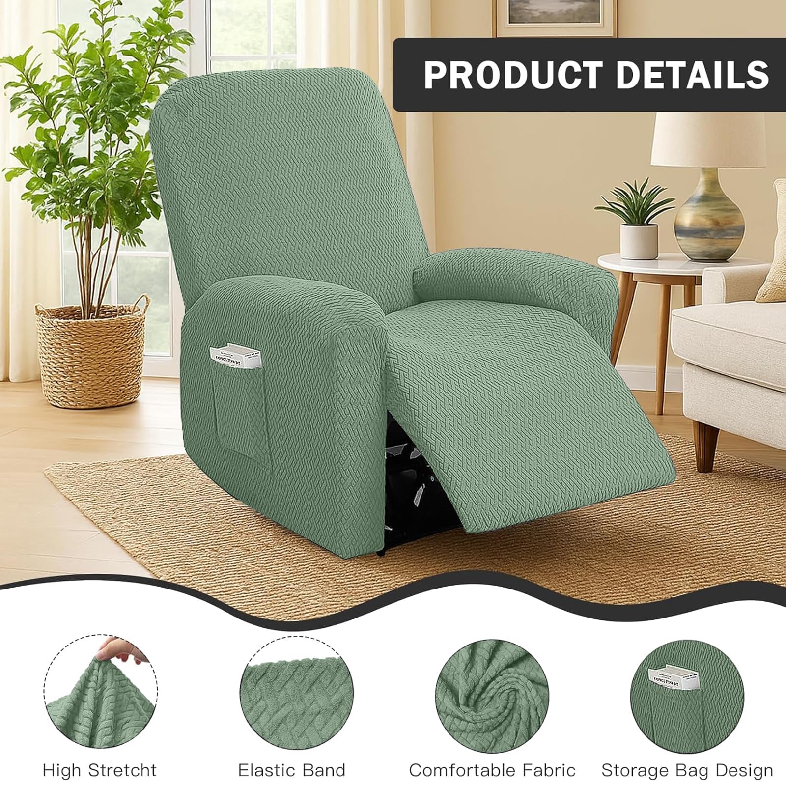 Funda Sillon Relax Reclinable 1 Plaza, Funda Sofa Relax con Bolsillos, Fundas Elástica de Jacquard a Rayas Diseño Todo Incluido para Sillón Reclinable (Verde Pino)