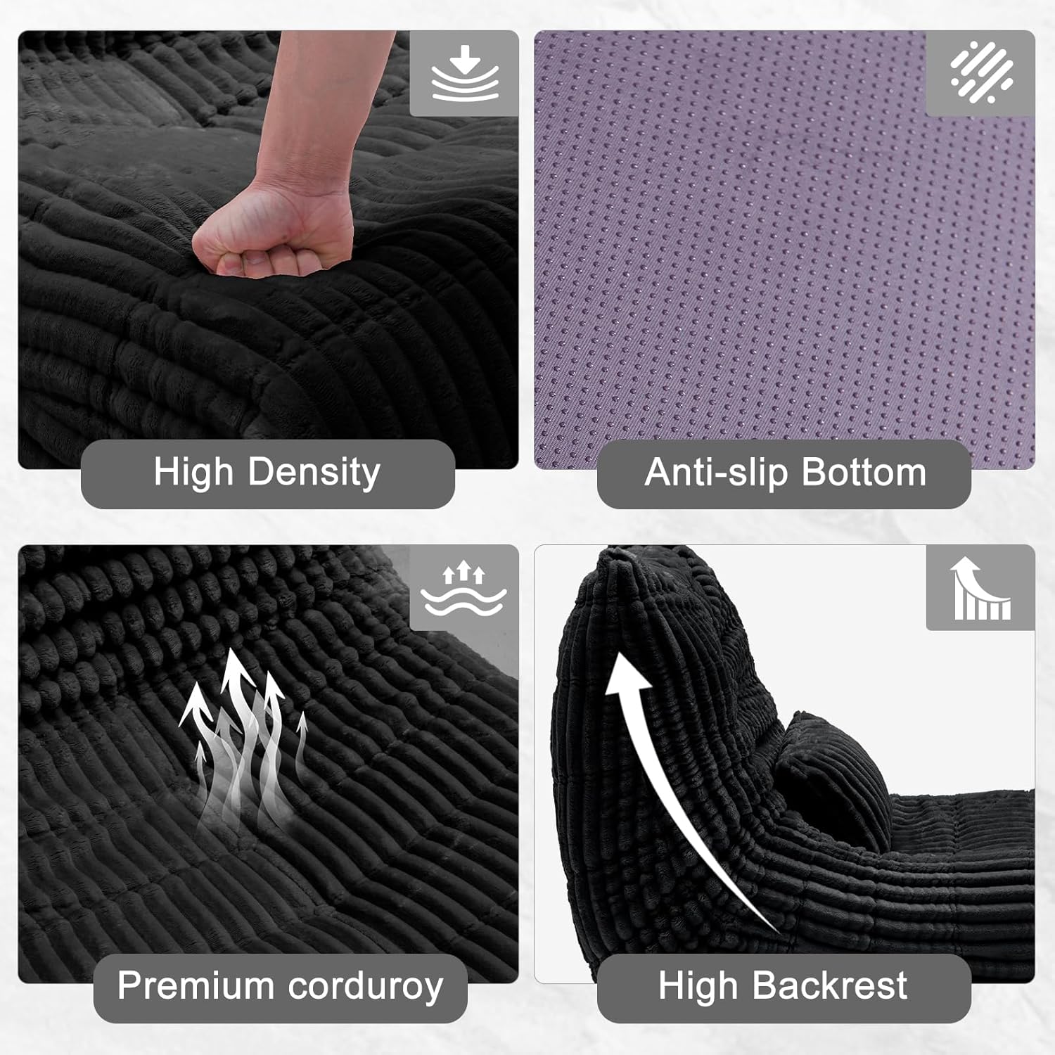 Bean Bag Chair with Lumbar Pillow, Gaint Bean Bag Chairs for Adults, Oversized Corduroy Beanbag Chair with Memory Foam Filled, Lazy Floor Sofa for Reading Gaming Living Room Bedroom (Black)