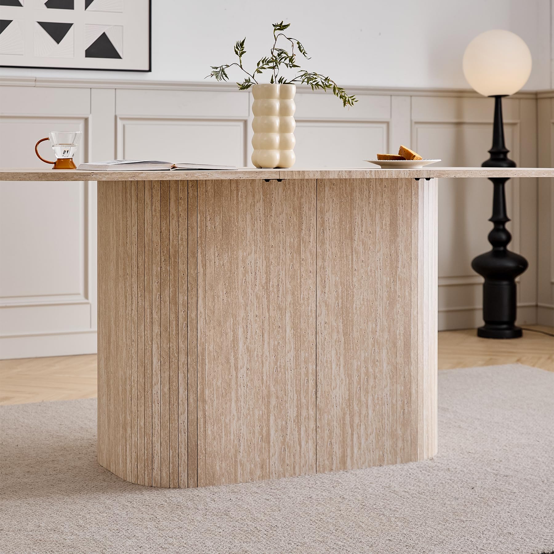 Mesa Comedor Rectangular para 4-6 Personas - 160 x 90 x 75 cm - Tablero de MDF con Acabado en Travertino - Mesa de Cocina con Base Ovalada Elegante, Amarillo Claro