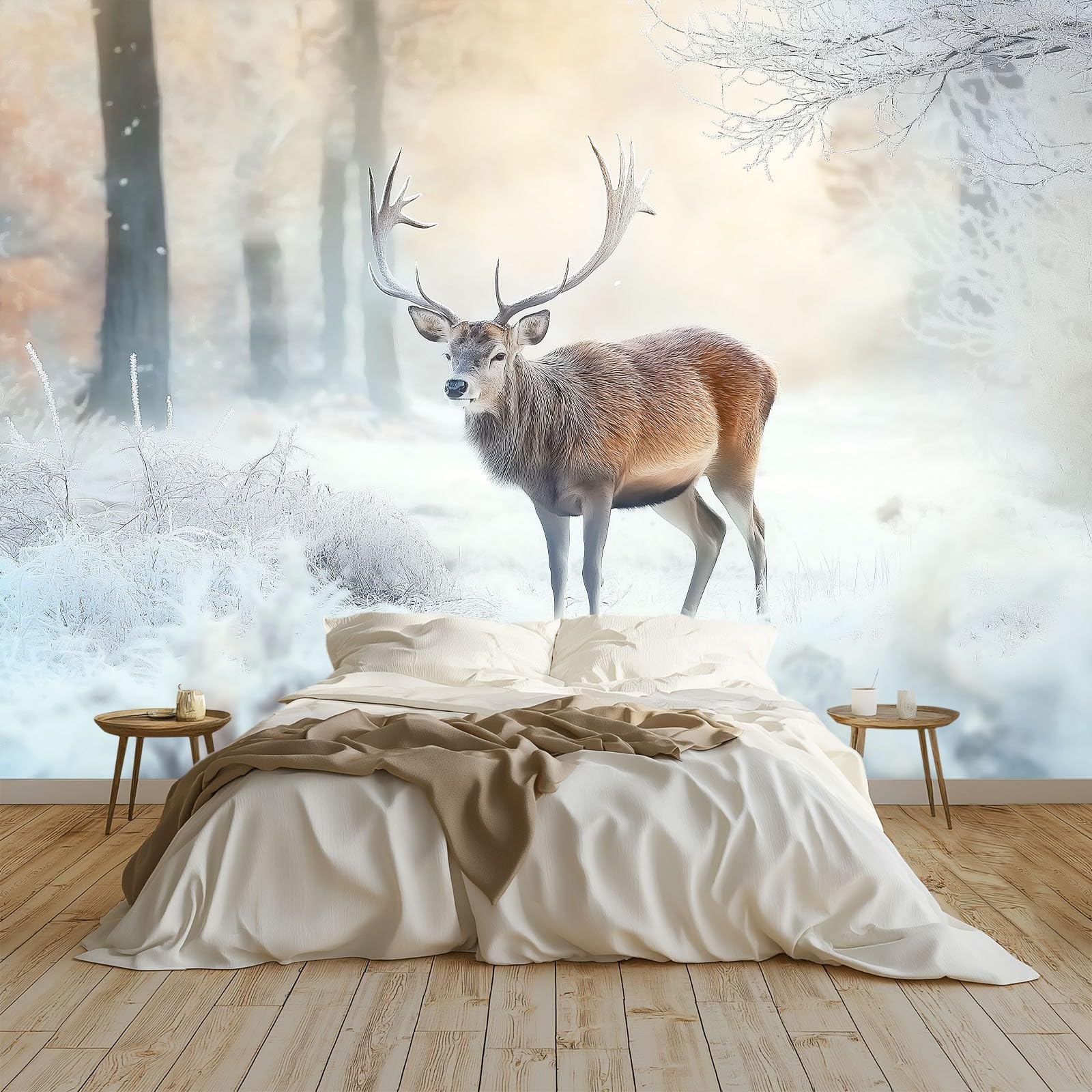 Cerf dans la forêt d'hiver papier peint intissé lavable et facile à poser 300x210