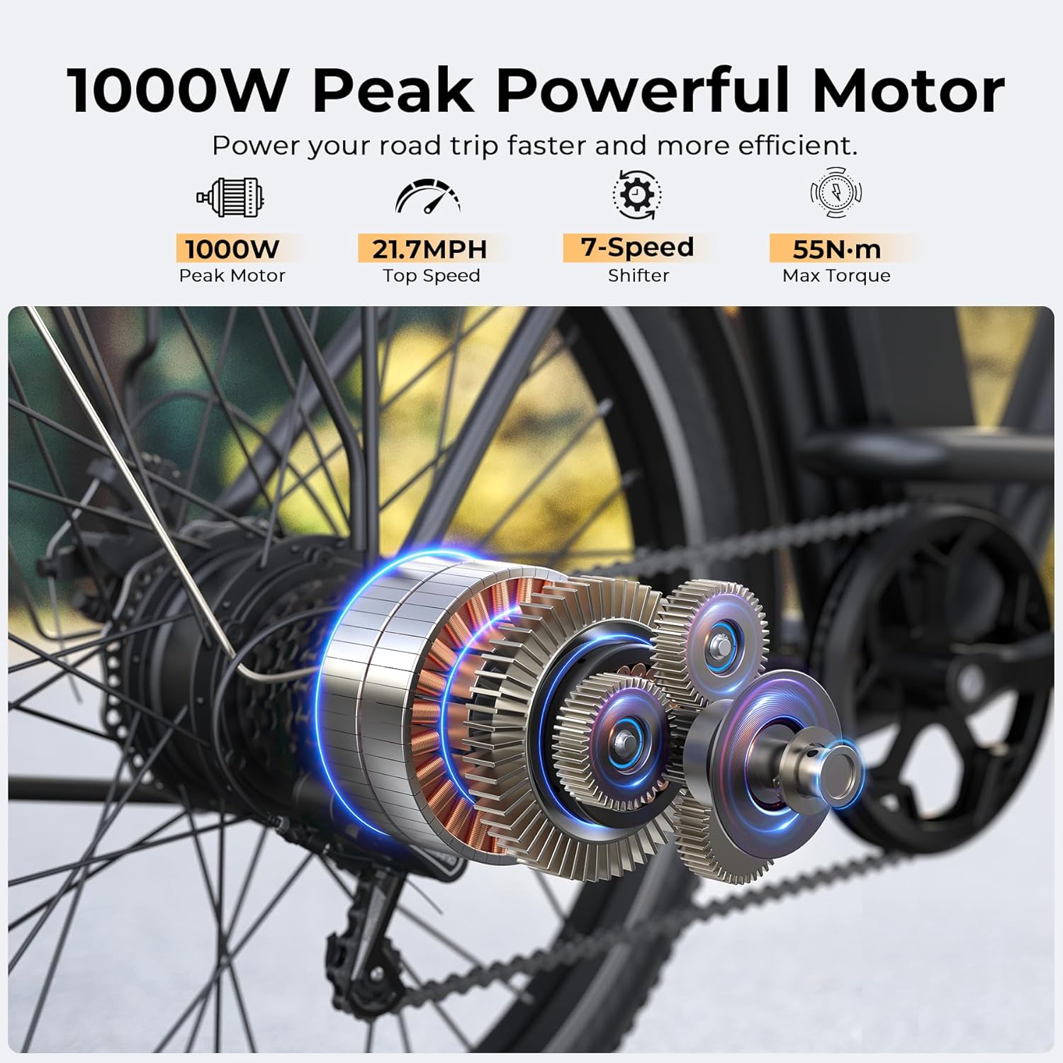 Electric Bike for Adults, Peak 1000W Ebike, 50Miles 21.7MPH UL 2849 Certified Commuter Bike, 26'' City Cruiser Bicycle with 48V Removable Battery, Rear Rack, Adjustable Stem, 7 Speed