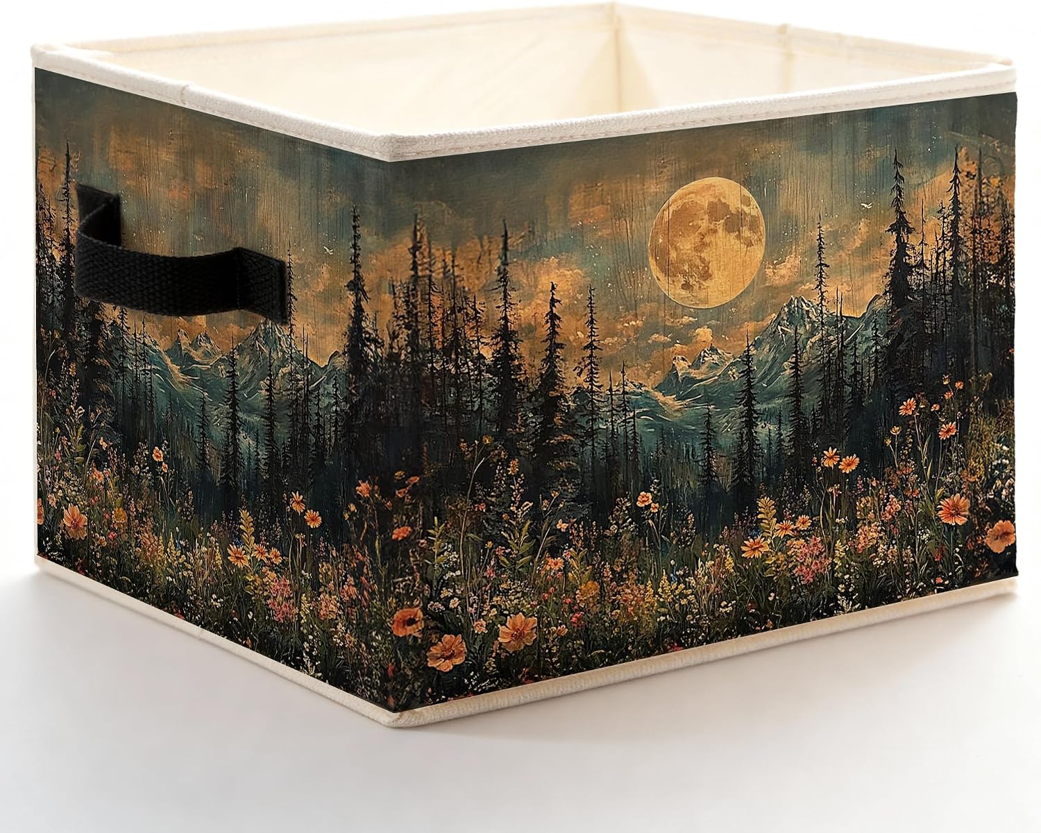 Dark Enchanted Forest Full Moon Storage Bins Box with Handles, Mystical Gothic Wildflower Night Forest Foldable Basket Toybox for Bedroom Bathroom Laundry Room Home Clothes Toys Books
