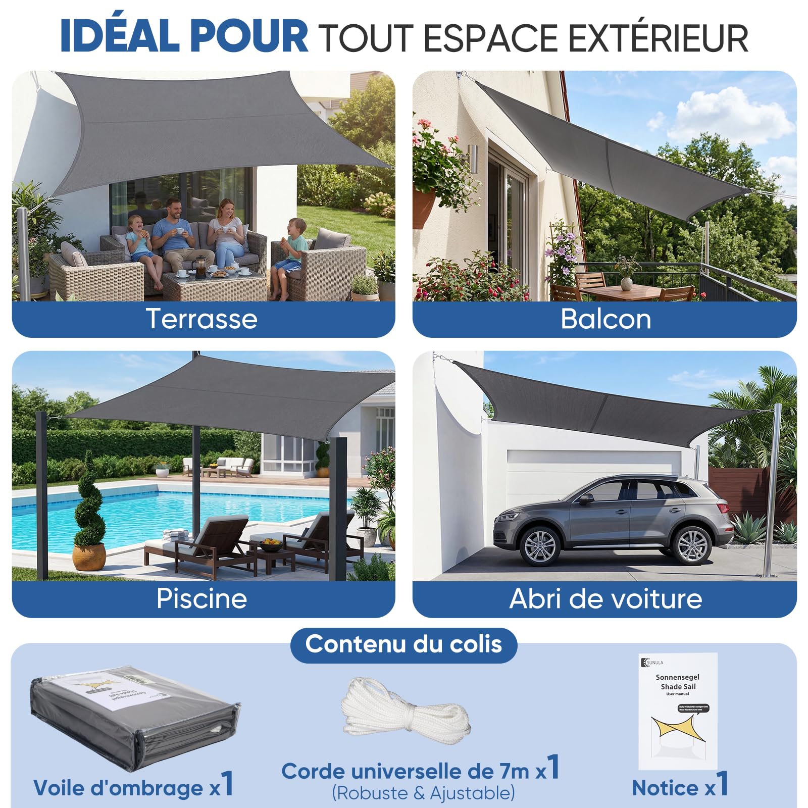 Sunula Voile d'ombrage Rectangulaire 3x4m Imperméable – PES 160g/m², avec Anneaux Acier Inoxydable, Scellement des Coutures et Protection UV Jusqu’à 95%, pour Balcon Terrasse Jardin, Anthracite