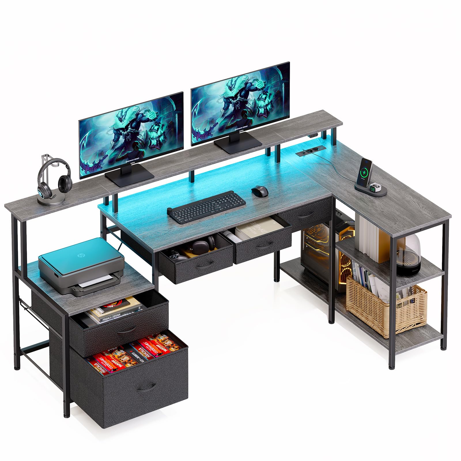 Rolanstar Bureau d’Angle en L avec Tiroirs, Bureau Gaming Réversible avec Prise, LED et Support Écran, 163 cm Table Informatique pour Chambre, Salon ou Coin Travail