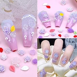 Sinyanail 3D Flower Nail Charms Set,150pcs Mixed Size Camellia Rose Resin Charms,150pcs Mixed Size and Color Leaves,100pcs Round White Pearl Beads for Women\'s Manicure Making (4-Camellia Purple)