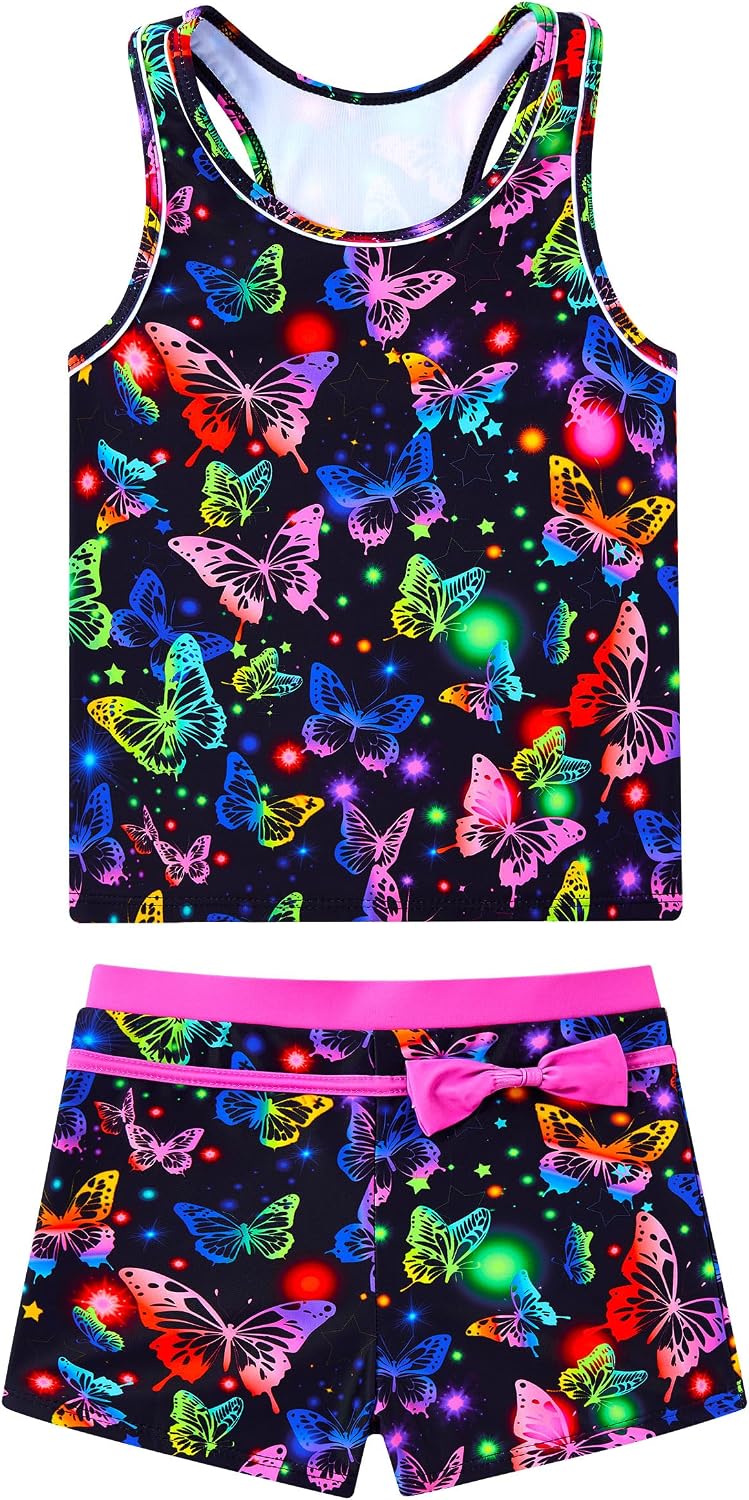 UNIFACO Girls Swimsuits Two Piece Tankini Bathing Suits Boyshort Summer Beach Rash Guard Swimwear for 4-13T