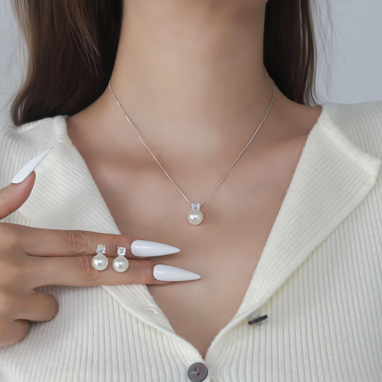 Wedding Jewelry Sets for Brides - Sterling Silver Pink 10 MM Pearl Studs and Necklace Set Bridesmaid Pearl Jewelry Set for Women Pearls Stud Earrings Layered Pearls 4 MM Choker Dainty Wedding Bridal Gifts