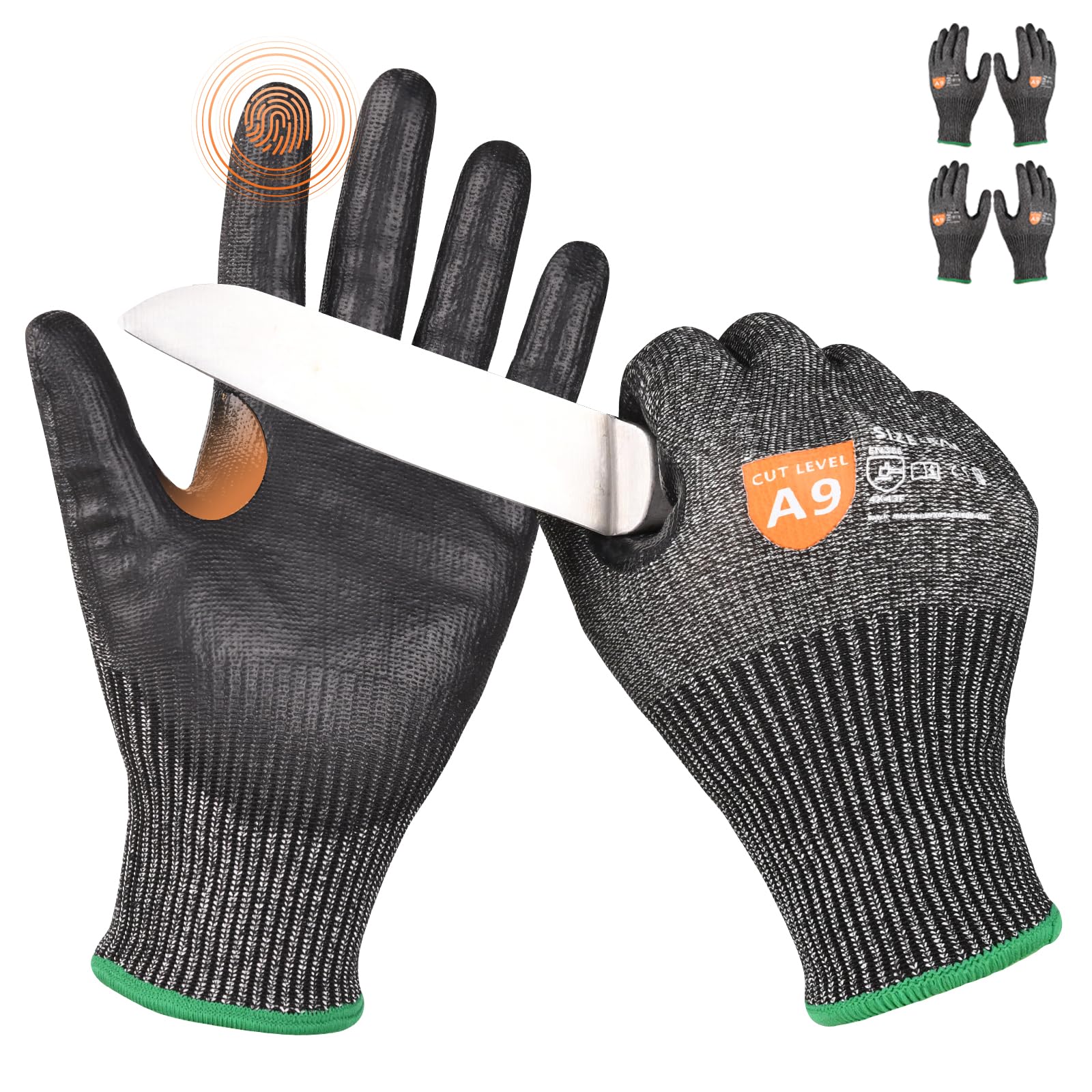 Donfri 2 Pairs Level 9 Cut Resistant Safety Work Gloves, High Protection Cutting Proof Chainsaw Gloves with Reinforced Thumb, Non Slip, Durable, Touch-screen (M)