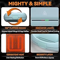 Vista 4 de Baker’s Friend Belgian Waffle Maker, Square Waffle Iron, Waflera Electrica, Non Stick Cooking Plate, Classic & Multi Waffle Makers, 4-Slice, Aqua