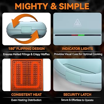 Bakers Friend Belgian Waffle Maker, Square Waffle Iron, Waflera Electrica, Non Stick Cooking Plate, Classic & Multi Waffle Makers, 4-Slice, Aqua