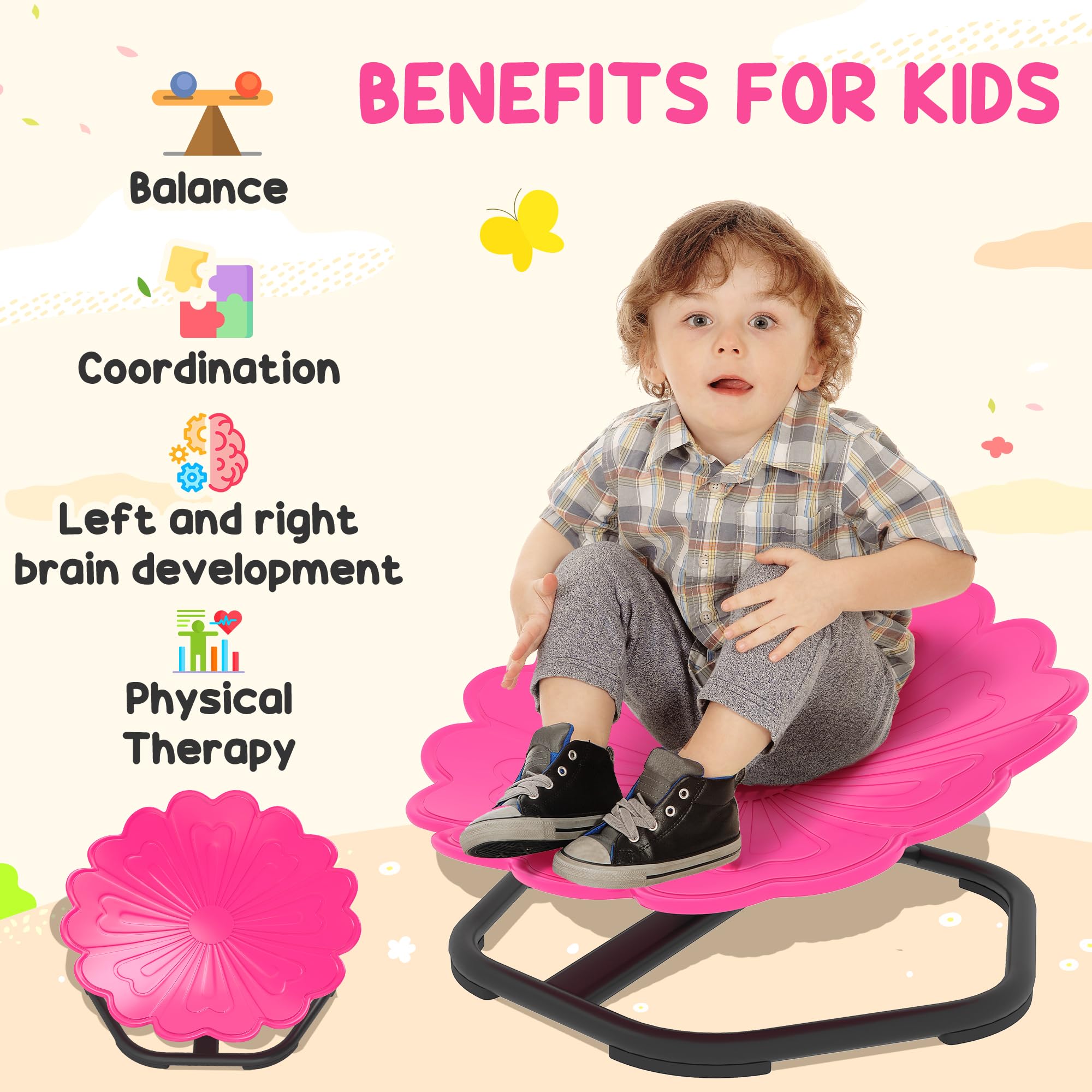 AIYAPLAY Drehstuhl für Kinder, für Autismus, Blumenform, rutschfeste Unterseite, Rosa | Sensorischer Drehstuhl für ADHS Kinder, Sit and Spin Wackelhocker, sensorisches Gleichgewicht Spielzeug für 3-8 Jahre alt