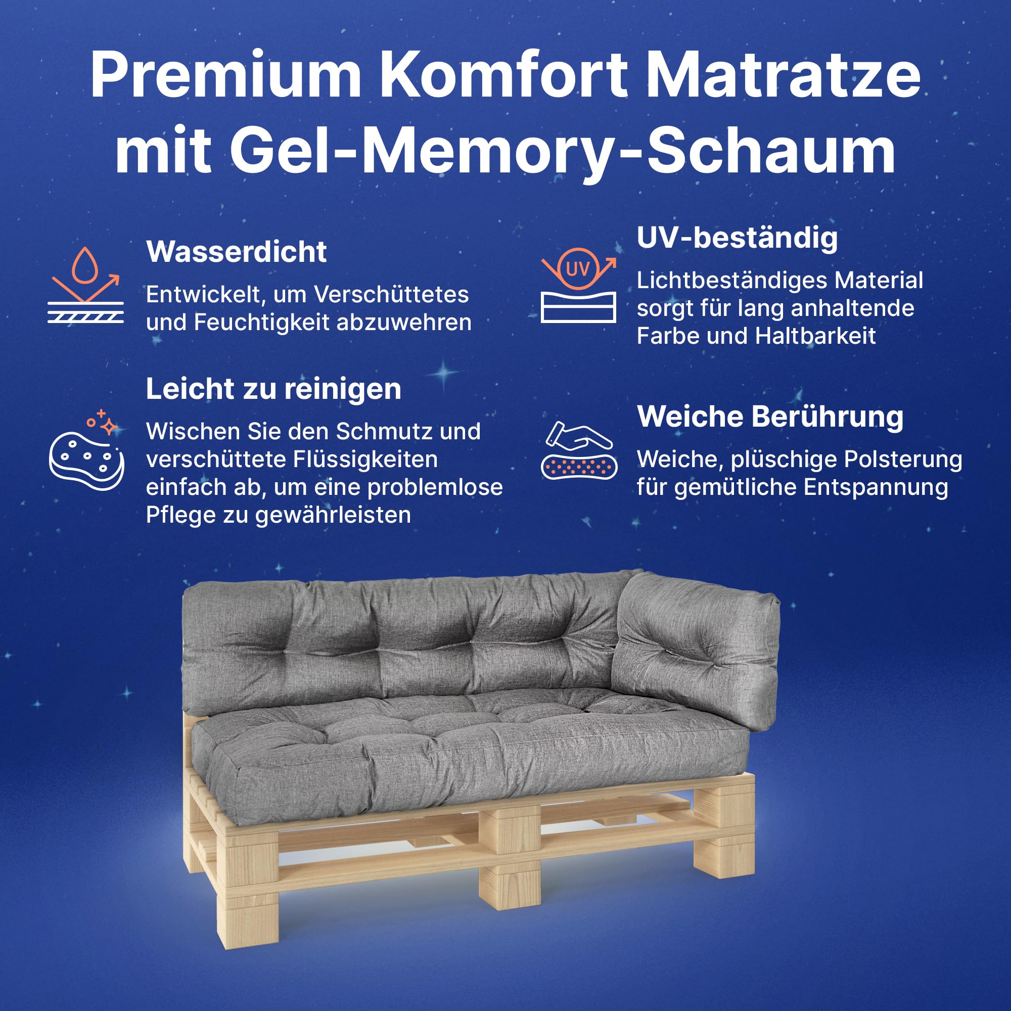 MKS Cuscino pallet Set di 3 impermeabile 120x80 120x40 60x40 cm con cinghie