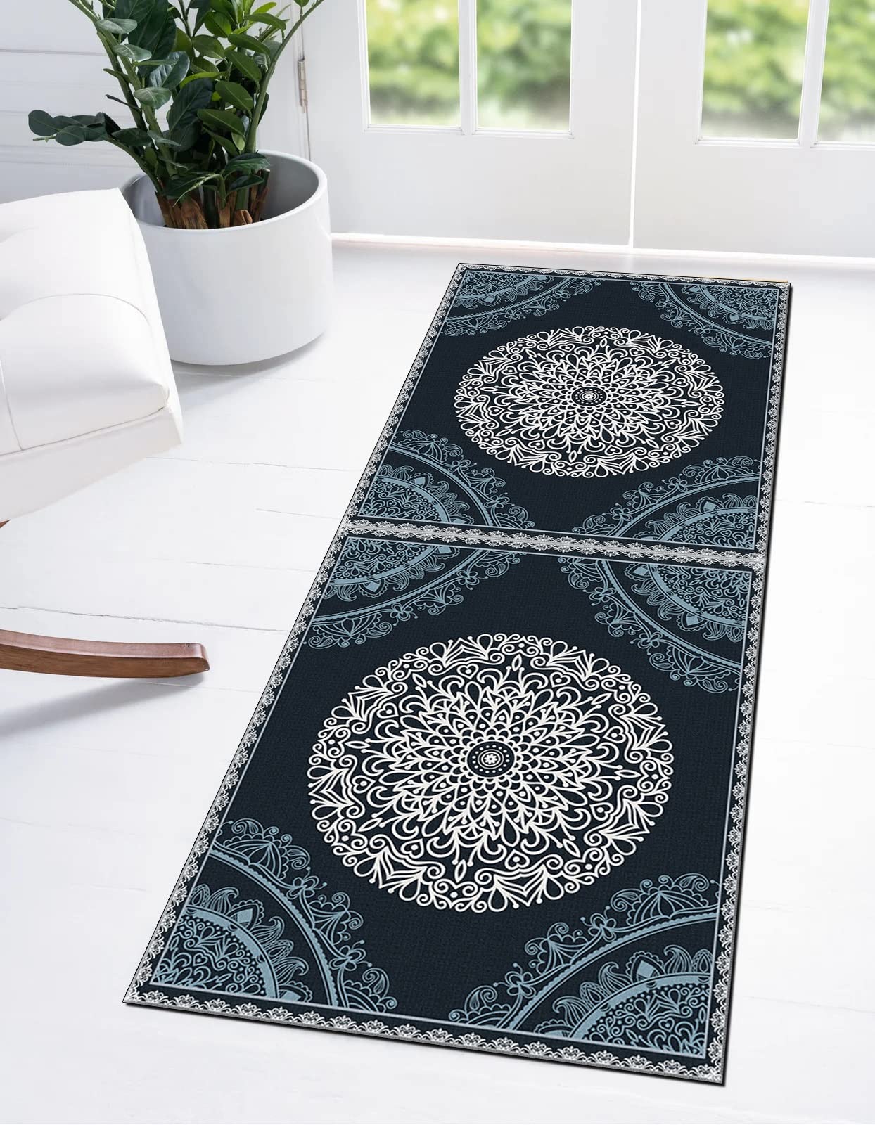 Marokkanischer Läufer 61x183 Cm – Waschbar, Rutschfest, Dunkelblau Mit Floralem Muster, Niedriger Flor
