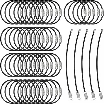 50 PCS Black Stainless Steel Wire Keychains, 6.3 Inch Heavy Duty Screw Lock Cable Key Rings, Luggage Tags ID Tag Keepers Loops