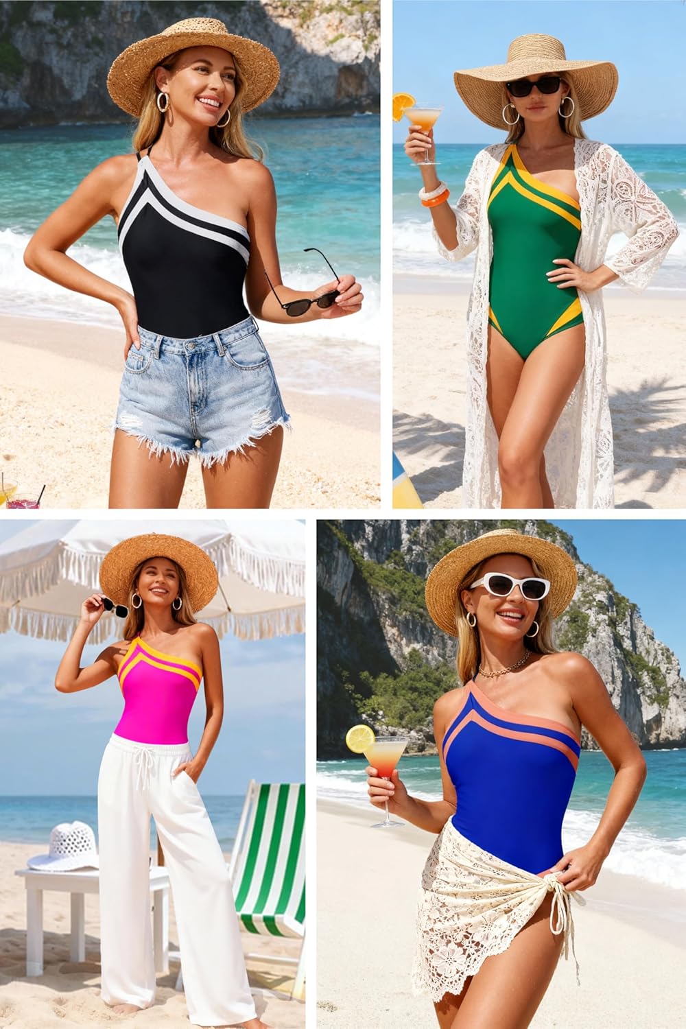 Women's One Piece Swimsuit One Shoulder Bathing Suits Tummy Control Flattering Color Block Slimming Swimwear