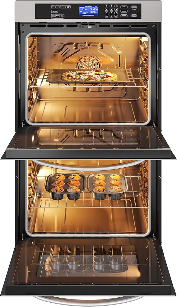 KoolMore 30-Inch Electric Double Wall Oven with Quiet, Rapid Convection Cooking, 7 Cook and Baking Modes, Dual Large Capacity Ovens, Stainless-Steel Unit, Self-Cleaning (KM-WO30D-SS)