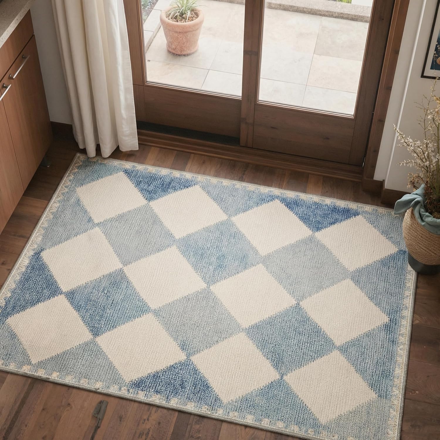2x3 Rug Checkered Print Pattern Non Slip Backing Low Pile Kitchen Mat for Entryway Entrance Front Door Bathroom Farmhouse Decor Minimalist Style Autumn Hues