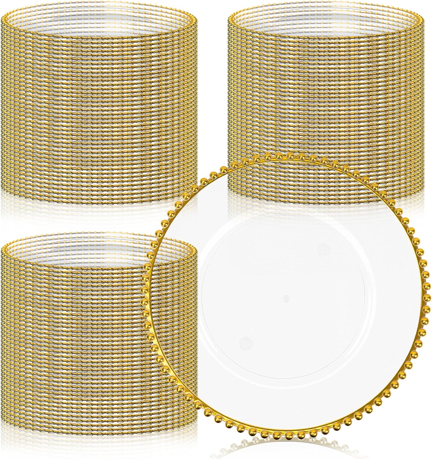MAONAME Clear Charger Plates Bulk 100, Round Plate Chargers with Gold Rim