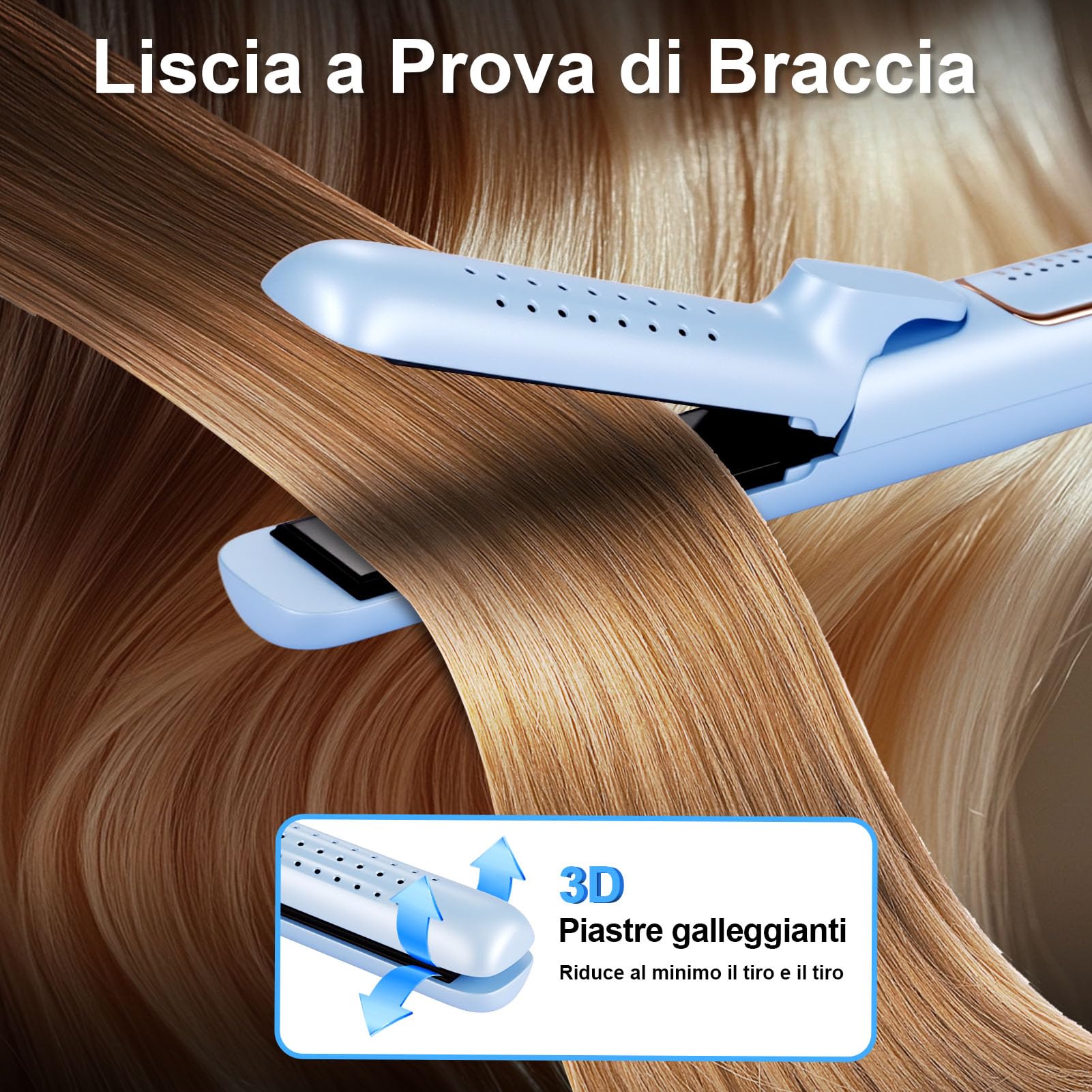 Piastra Capelli con Aria Fredda & ionica, 5 Temp. 140–220 °C | Piastra arricciacapelli 2-in-1, corpo termoprotetto, piastre ceramica tourmalina, 110-240V, cavo 2 m, cavo girevole a 360°