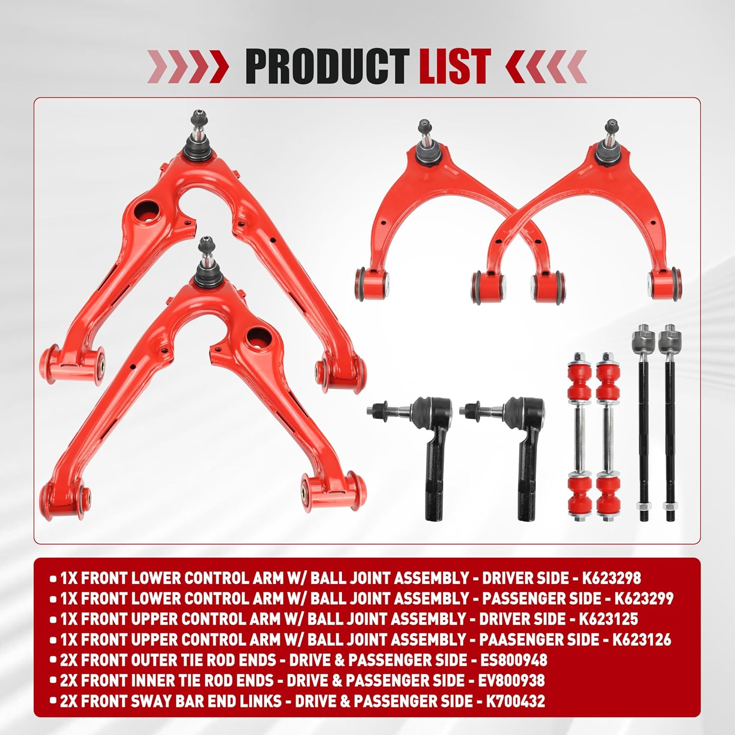 10pc Front End Upper and Lower Control Arms Suspension Kits for 2014-2018 Chevy Silverado GMC Sierra 1500, 2015-2019 Chevy Suburban, Tahoe, GMC Yukon/Yukon XL, Cadillac Escalade/ESV, K623298 K623299