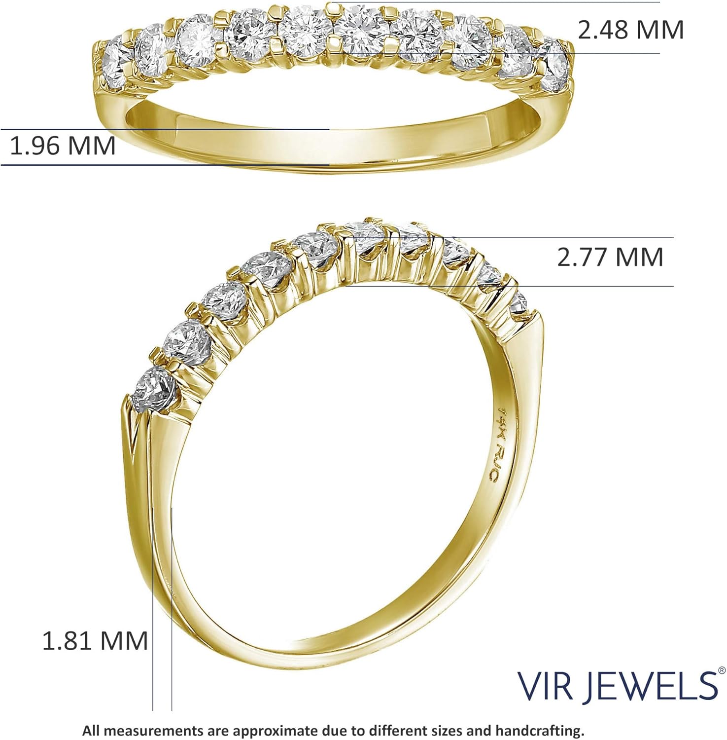 VIR JEWELS 1/2 carat (ctw) Diamond Wedding Anniversary Band for Women, Round Diamond Engagement Ring 14K Yellow Gold 10 Stones Prong Set 0.50 cttw I1-I2, Size 4.5-10
