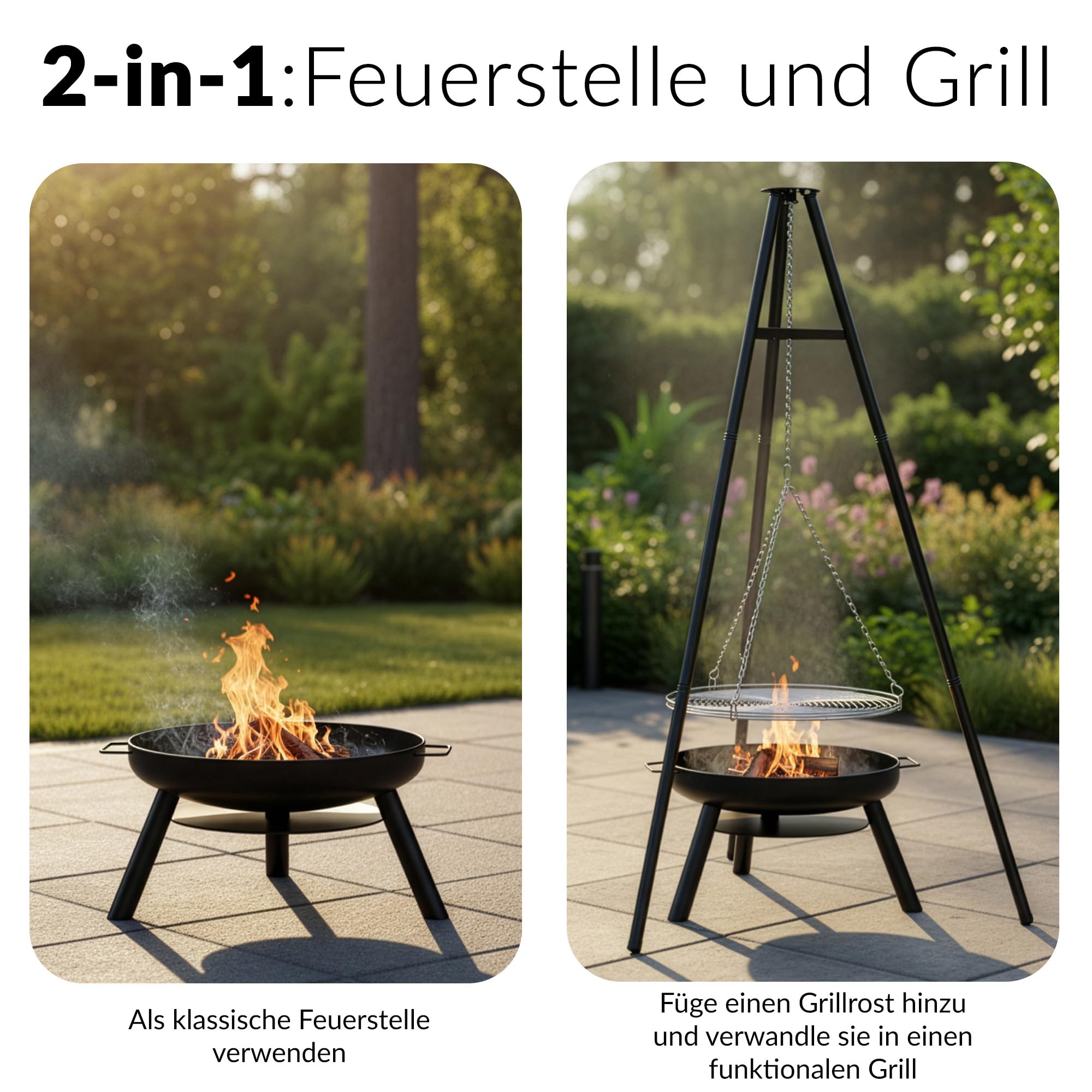LEHMANN Schwenkgrill mit Feuerschale Ø 60 cm - Hängegrill mit Feuerkorb für Lagerfeuer - 3 stabile Füße, 2 Tragegriffen, robustem Stahl - Dreibein Grill für Garten, Terrase & Camping - Schwarz