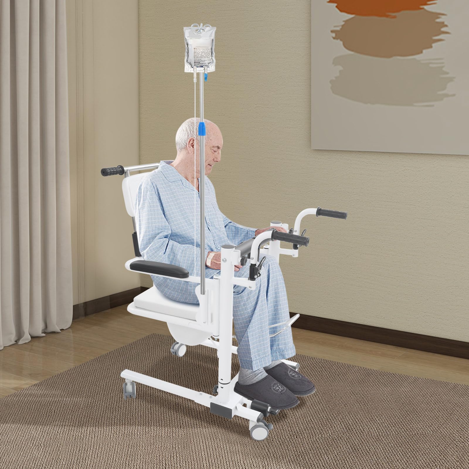 Silla elevadora hidráulica para pacientes, asiento plegable de 180° | Altura ajustable con cinturón de seguridad y soporte de infusión para familias y hogares de ancianos