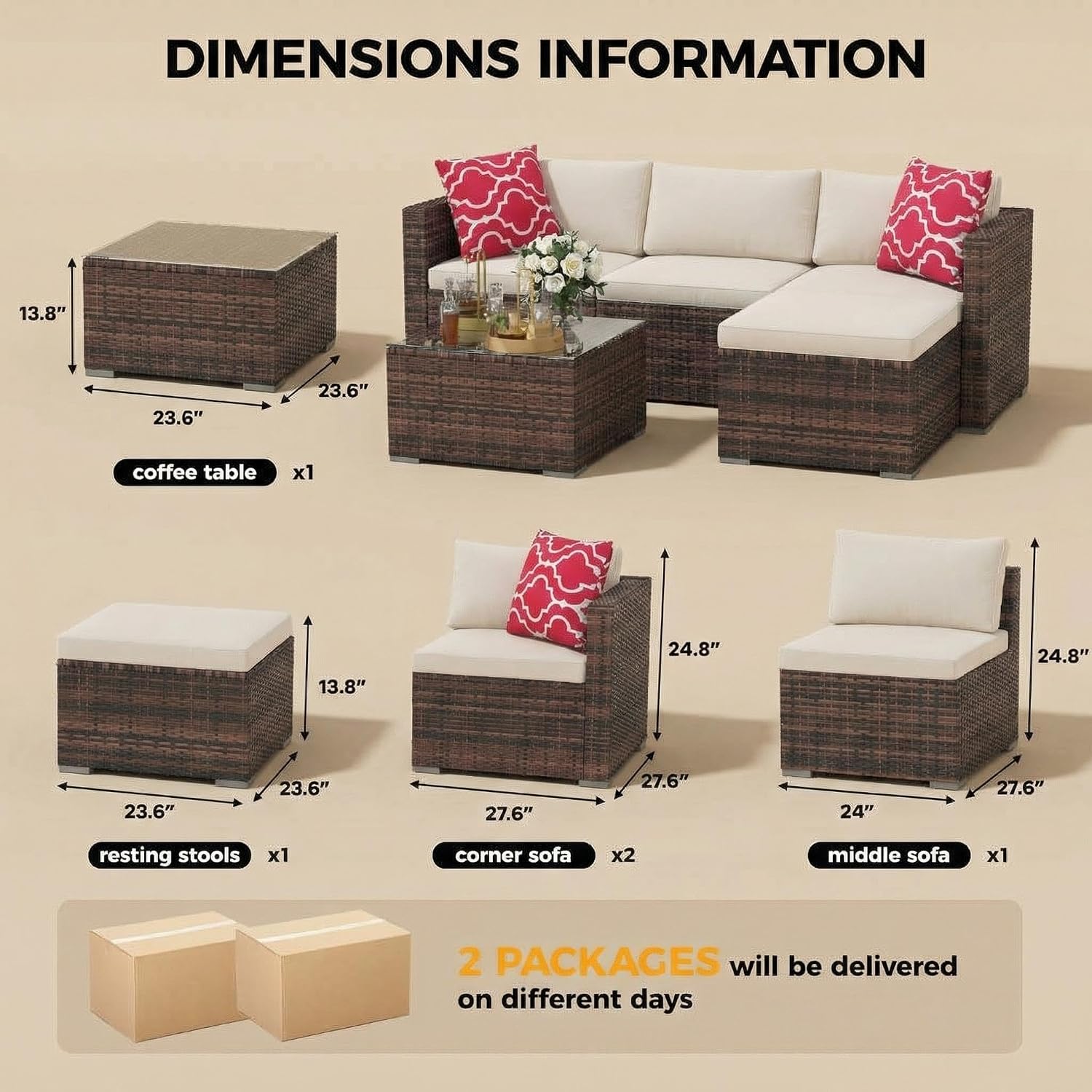 GarveeTech 5 Pieces Patio Furniture Set, All Weather Wicker Rattan Sectional Sofa, Outdoor Patio Furniture Set with Washable Cushions for Garden, Backyard, Porch, Poolside (Brown&Beige)