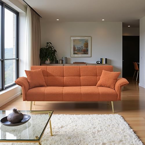 70.1" Futon Sofa Bed, Comfy Folding Futon Couches for Living Room, Convertible Sleeper Sofa with Adjustable Backrest& Armrests, Love Seat Sleeper for Bedroom, Apartment(Teddy Fabric, Orange)