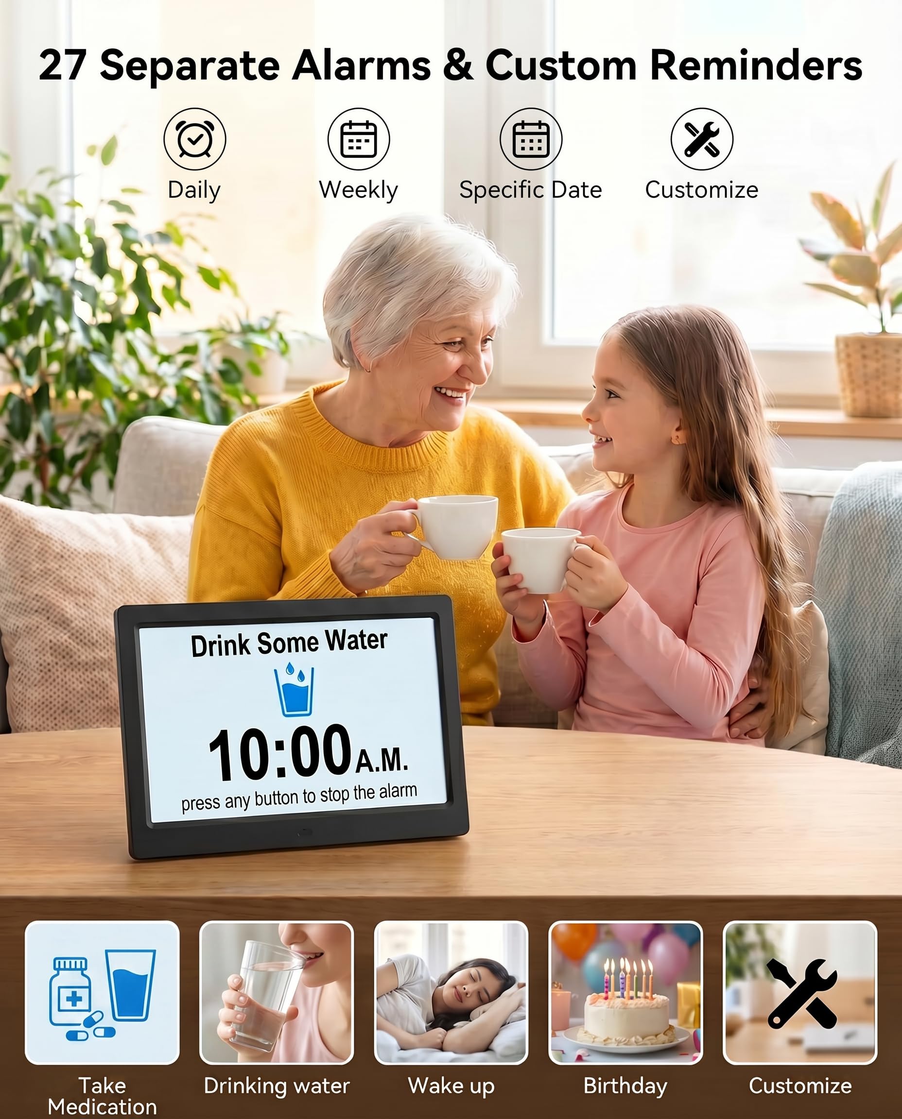 MASSII Orologio digitale da 11,5 pollici con simboli automatici DST e maanzone, promemoria personalizzati e orologio del calendario, orologio con data per anziani, demenza, morbo di Alzheimer con