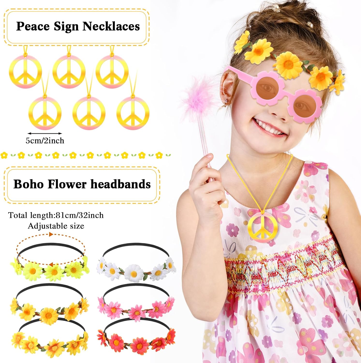 Tenceur 146 Pcs Groovy Party Favors Include Hippie Bracelet Keychain Boho Tattoo Sticker Daisy Headband Peace Necklace Sunglasses Sticker Gifts Bag Thank You Tags for Retro Groovy Birthday Party