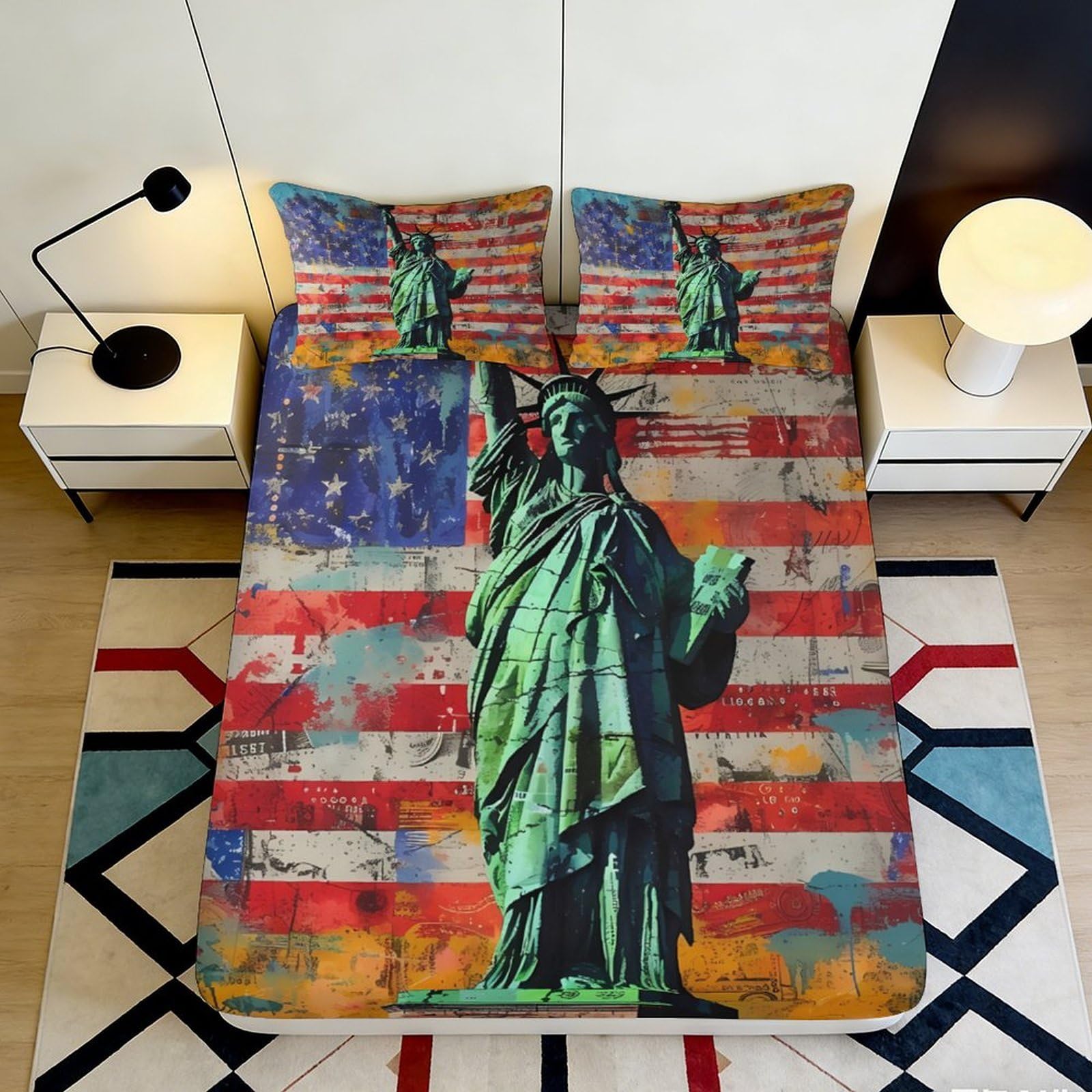 3D Printed Statue of Liberty Fitted Sheet Microfiber American Flag Bed Cover Non-slip Easy Care Decor for Bedroom 90x200x25cm