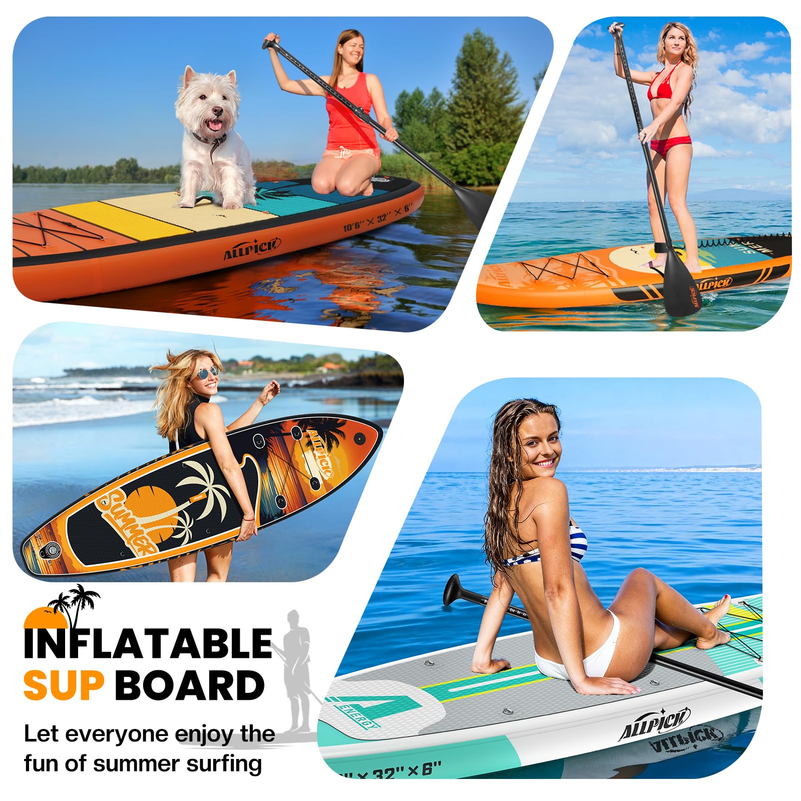 ALLPICK Premium SUP Board Set, Stand Up Paddling Board Aufblasbar, Mit Universal Kamerahalterung, Komplettes Zubehör, Verstellbares Paddel, Anfänger, Fortgeschrittene,200kg