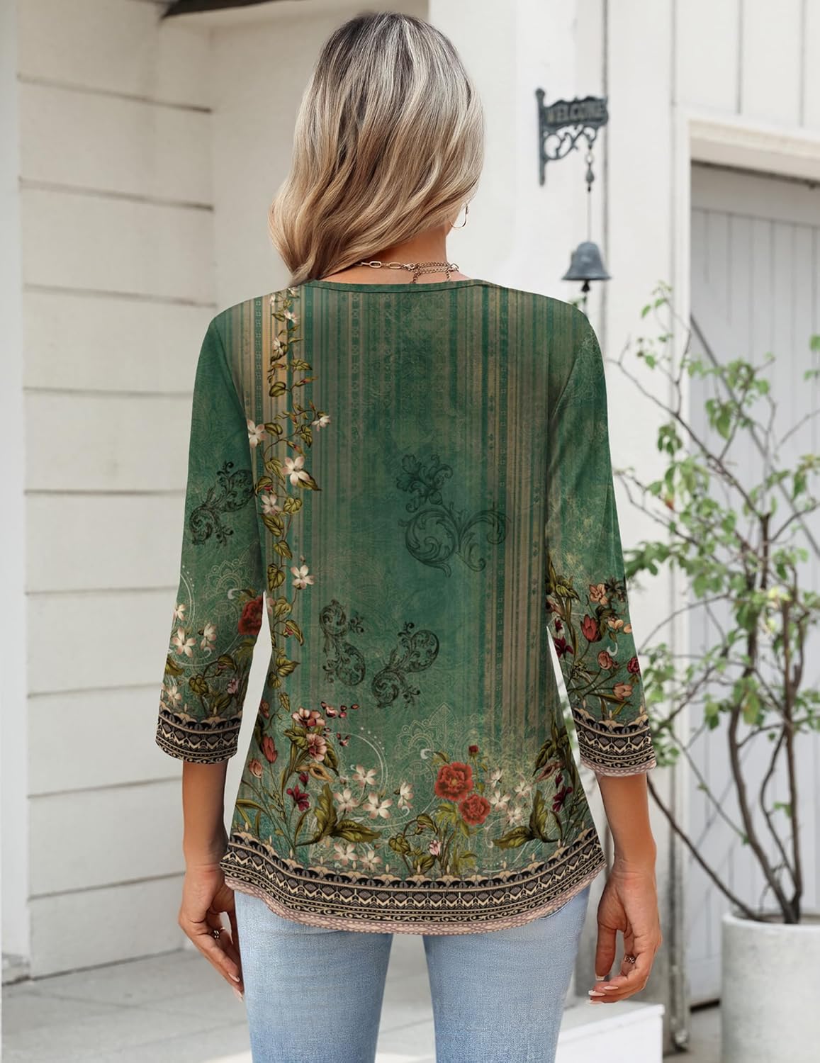 Zeagoo Womens 3/4 Length Sleeve Tops V Neck Dressy Casual T Shirts Pleated Business Work Blouses Basic Tees S-3XL - Image 4