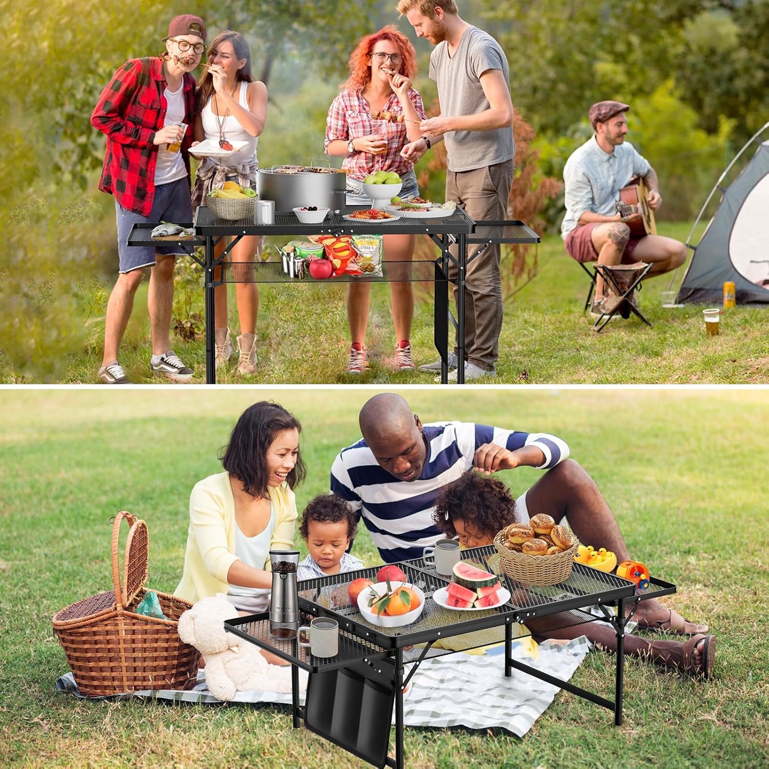 Folding Table, 3x2 FT Camping Table with 2 Wing Panels and Mesh Bag, Portable Picnic Table with Carry Handle, Heights Adjustable Outdoor Grill Table for Garden Patio Yard BBQ